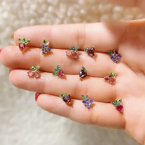 Tropical Fruit Zirconia Stud Earrings For Women Copper 925 Sterling Silver Earring Post Gold Plated Tiny Watermelon Strawberry Jewelry