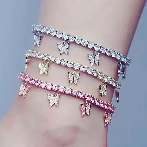 Vlinder Strass Enkelbandje Voor Dames Legering Glimmende Bedeltjes Voetsieraden Strand Accessoires Verstelbaar Elegant