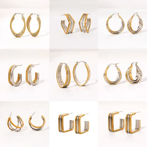 Boucles d'Oreilles Créoles Géométriques en Acier Inoxydable Bicolore pour Femmes Luxe Léger Or Argent Couleur Mixte Clous d'Oreilles Bijoux Minimalistes en Forme de C