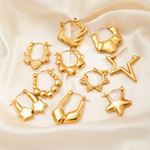 Geometrische Creolen Edelstahl Vergoldet Vintage Boho Herz Stern Bambus Texturierte Wasserdichte Schmuck Für Frauen