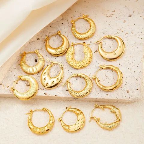 Gold Hoop Earrings Stainless Steel Vintage Textured Geometric Heart Star Design Fashion Accessories For Women