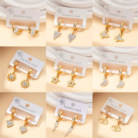 Luxury Gold Stainless Steel Zirconia Inlaid Hoop Earrings For Women Fashion Heart Flower Butterfly Moon Snake Evil Eye Drop Earrings Jewelry