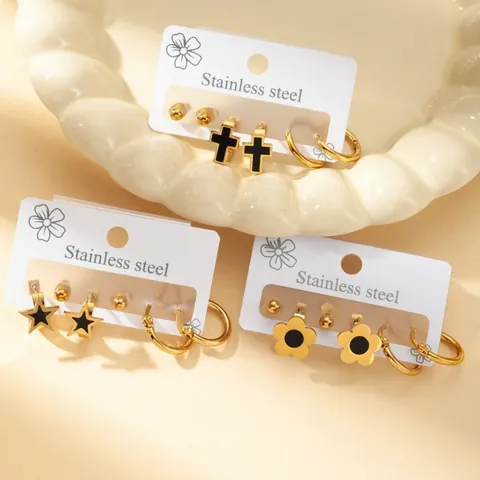 Edelstahl Ohrring-Set Für Damen Gold Schwarz Emaille Blume Stern Kreuz Ohrstecker Creolen Mode Schmuck Geschenk