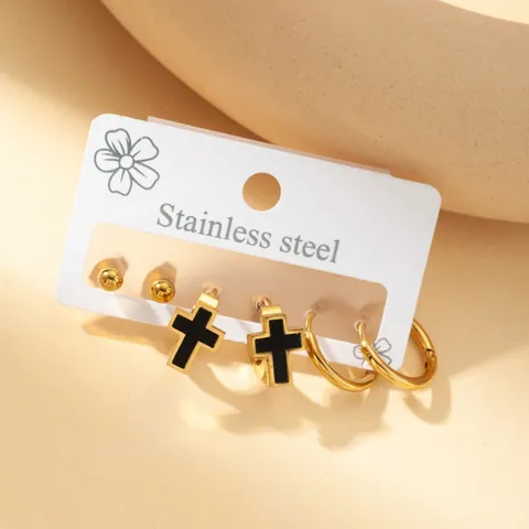 Edelstahl Ohrring-Set Für Damen Gold Schwarz Emaille Blume Stern Kreuz Ohrstecker Creolen Mode Schmuck Geschenk