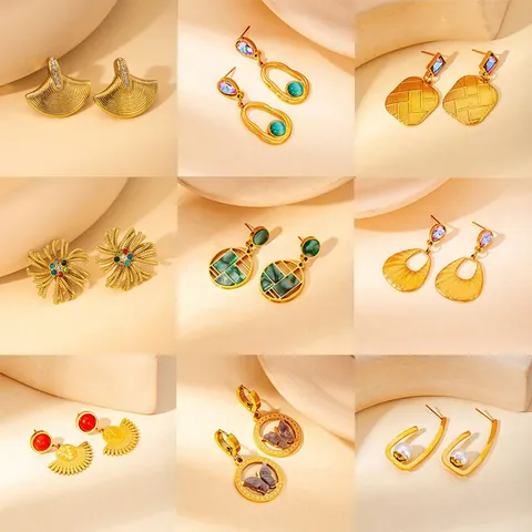 Vintage Stainless Steel Earrings For Women Gold Plated Geometric Butterfly Artificial Pearl Sunflower Rhinestone Stud Hoop Earrings Jewelry