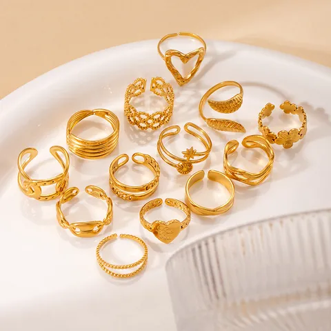 Golden Stainless Steel Open Rings For Women Minimalist Adjustable Heart Star Leaf Flower Hollow Design Jewelry