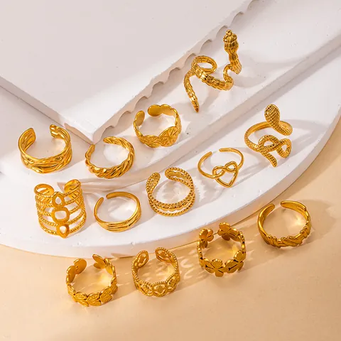Vintage Gold Plated Stainless Steel Open Adjustable Ring For Women Fashion Geometric Snake Leaf Heart Hollow Design Jewelry