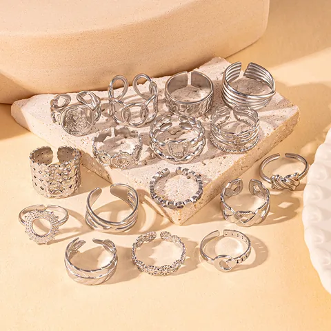 Vintage Stainless Steel Open Adjustable Rings For Women Men Punk Aesthetic Heart Feather Coin Chain Geometric Finger Rings