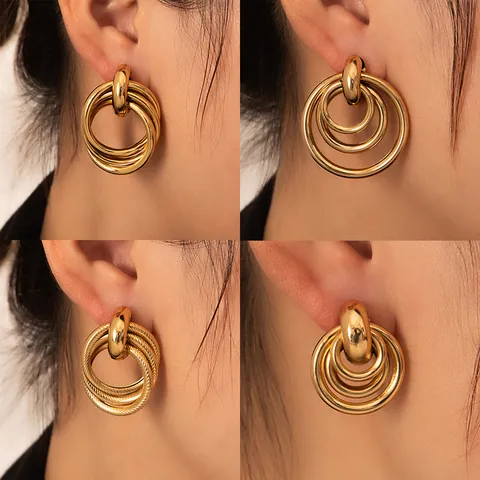 Stainless Steel Multi Layer Hoop Earrings For Women Gold Plated Geometric Irregular Twisted Statement Earrings Vintage Fashion Jewelry