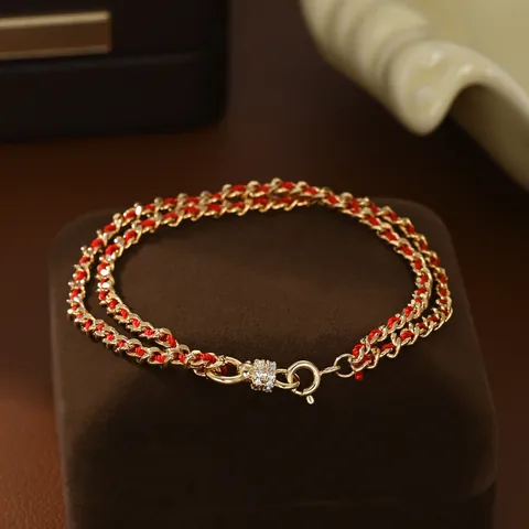 Braccialetto Doppio Strato in Filo Rosso Rame Placcato Oro Con Ciondolo Geometrico in Zircone Gioielli Intrecciati Donna
