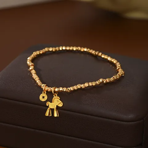 Pulsera de Cuentas de Cobre Bañada en Oro Con Dijes de Caballo y Moneda Para Mujer Nuevo Estilo Chino Joyería Elegante Regalo Moda
