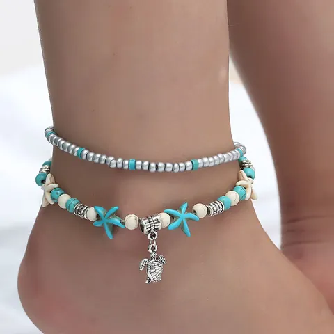 Boheemse Strand Enkelband Legering Turquoise Kraal Zeester Schildpad Hanger Gelaagde Voetketting Sieraden Vrouwen Zomervakantie