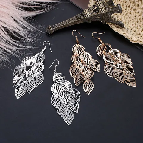 Minimalisti Orecchini Pendenti Foglia Cava Multistrato in Lega per Donna Gioielli di Moda Orecchini Lunghi Placcati Oro Argento