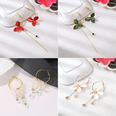 Alloy Asymmetric Petal Tassel Drop Earrings For Women Geometric Circle Long Chain Dangle Earrings Fashion Floral Jewelry Gift
