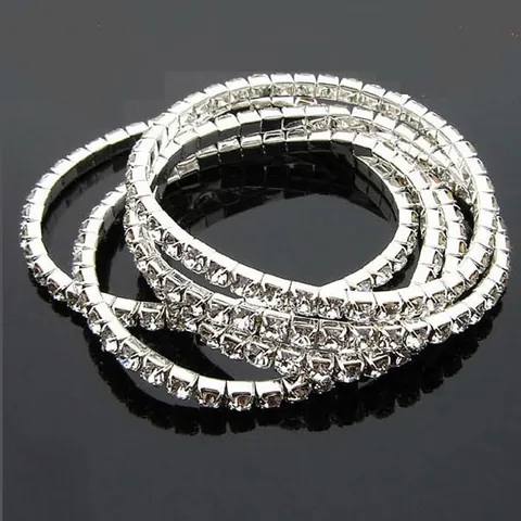 Elegant Alloy Silver Plated Full Rhinestone Elastic Tennis Bracelet Multi-Row Stretch Bangle Wedding Party Jewelry Gift