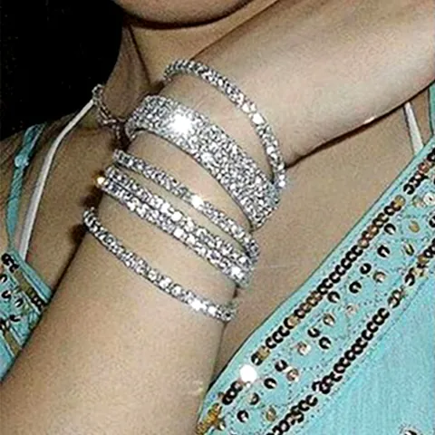 Elegant Alloy Silver Plated Full Rhinestone Elastic Tennis Bracelet Multi-Row Stretch Bangle Wedding Party Jewelry Gift