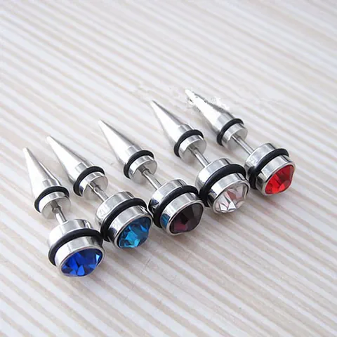 Pendientes De Boton Punk Spike Taper De Acero Inoxidable 316L Con Circonita Y Anillos De Goma Joyeria Gotica