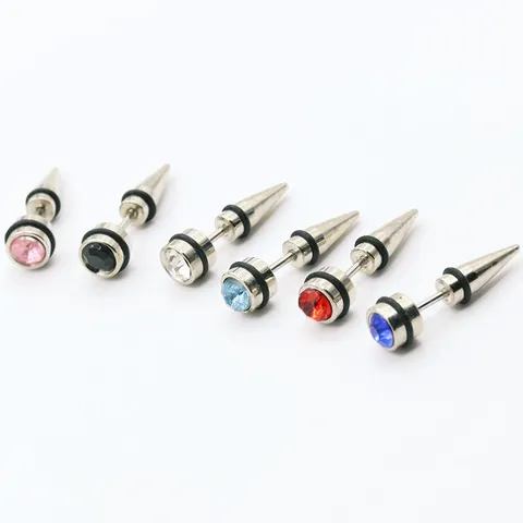 Pendientes De Boton Punk Spike Taper De Acero Inoxidable 316L Con Circonita Y Anillos De Goma Joyeria Gotica