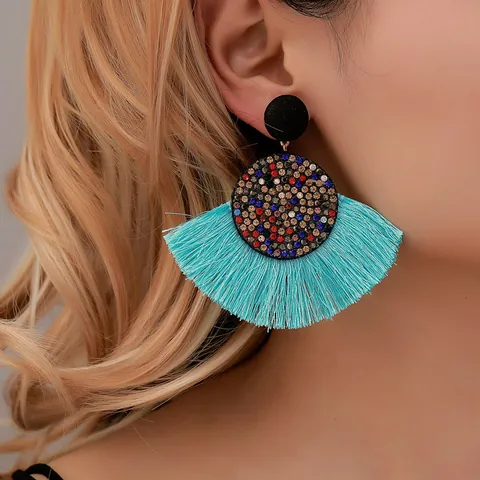 Bohemian Fan Tassel Earrings For Women Alloy Multicolored Rhinestone Drop Earrings Vintage Ethnic Party Vacation Jewelry