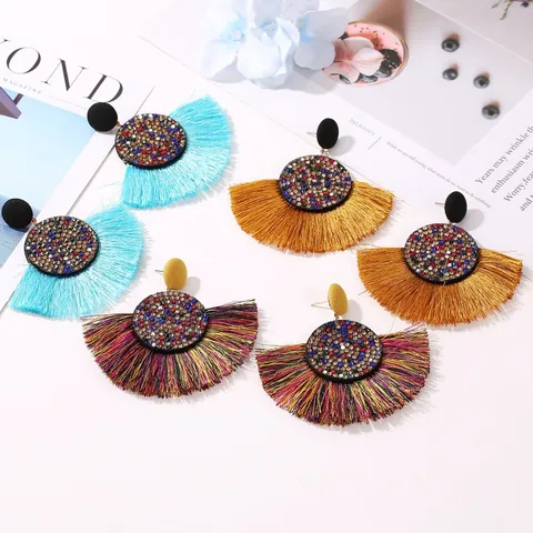 Bohemian Fan Tassel Earrings For Women Alloy Multicolored Rhinestone Drop Earrings Vintage Ethnic Party Vacation Jewelry