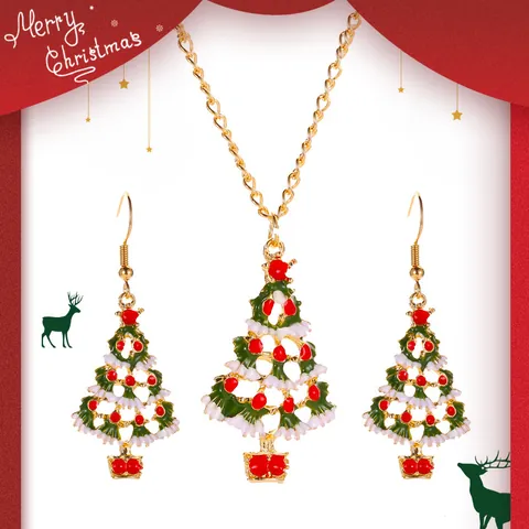 Ensemble de Bijoux en Alliage d'Émail Sapin de Noël Coloré Dessin Animé Collier Boucles d'Oreilles Bijoux de Fête pour Femmes