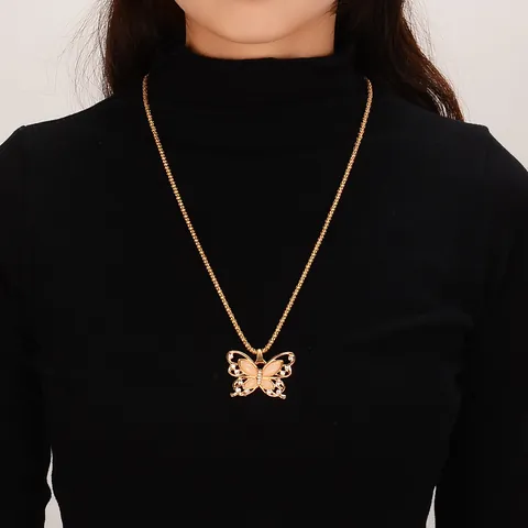 Elegante Collar Con Colgante de Mariposa de Aleación Para Mujer Joyería Hueca Con Diamantes de Imitación y Ojo de Gato Artificial Cadena Larga Para Suéter
