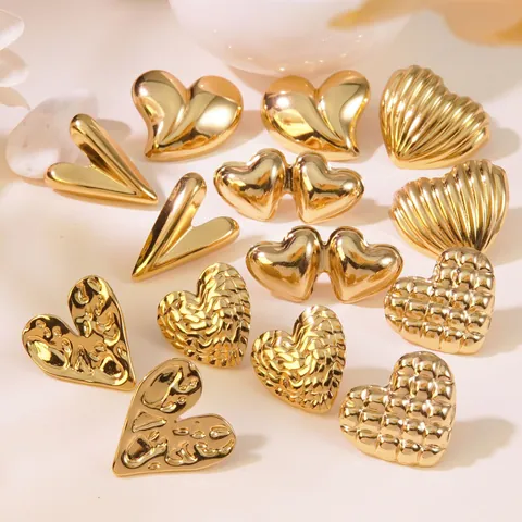 Stainless Steel Heart Stud Earrings Gold Plated Textured Waterproof Non Fading Trendy Chic Jewelry For Women