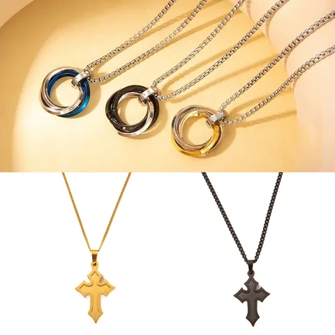 Collar Minimalista de Acero Inoxidable con Colgante de Cruz Anillos Entrelazados para Hombre Mujer Joyería Retro Hip Hop Regalo Moda