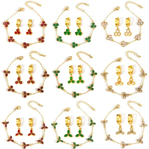 Fashion Stainless Steel Jewelry Set Zirconia Three-Leaf Clover Bracelet Hoop Earrings For Women Gold Plated Flower Heart Jewelry