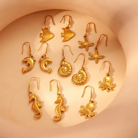 Stainless Steel Ocean Theme Dangle Earrings 18K Gold Plated Starfish Shell Fish Octopus Seahorse Dolphin Earrings For Women