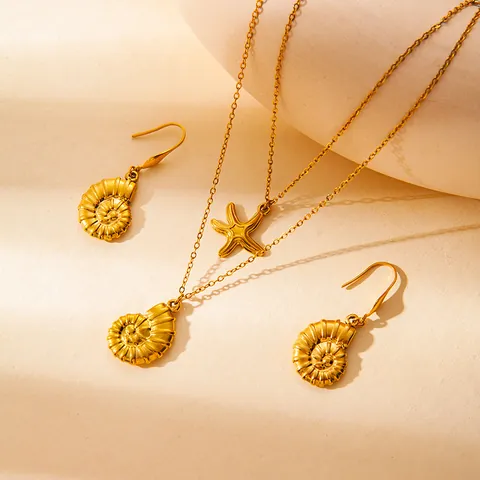 Gold Plated Stainless Steel Marine Animal Jewelry Set Starfish Seahorse Dolphin Octopus Double Layer Necklace Earrings For Women Beach Vacation Accessory