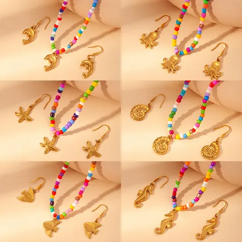 Stainless Steel Ocean Style Colorful Bead Necklace Earring Set Dolphin Starfish Conch Pendant Summer Beach Vacation Jewelry