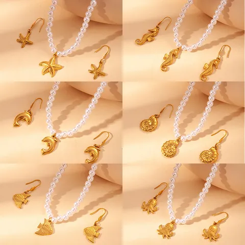 Ocean Theme Stainless Steel Artificial Pearl Necklace For Women Gold Seahorse Starfish Dolphin Marine Beach Vacation Jewelry