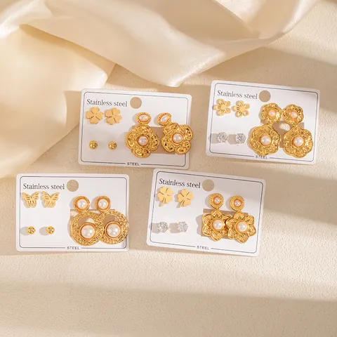 French Vintage 18K Gold Plated Stainless Steel Earring Set For Women Faux Artificial Pearl Zirconia Flower Butterfly Stud Earrings