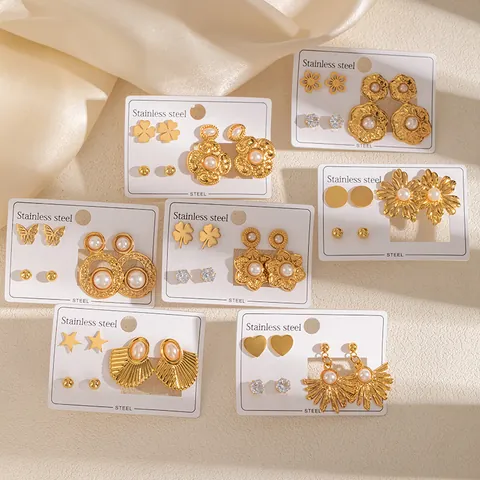 French Vintage 18K Gold Plated Stainless Steel Earring Set For Women Faux Artificial Pearl Zirconia Flower Butterfly Stud Earrings