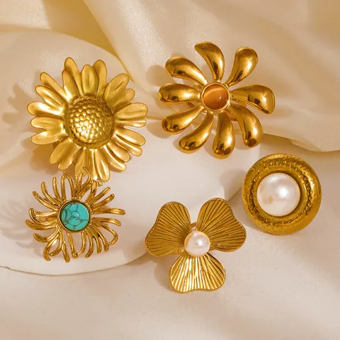 Vintage Gold Stainless Steel Open Rings For Women Artificial Pearl Rhinestone Starfish Sunflower Shell Adjustable Ring