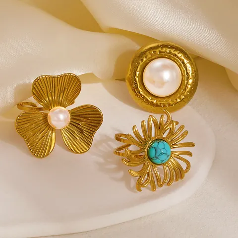 Vintage Gold Stainless Steel Open Rings For Women Artificial Pearl Rhinestone Starfish Sunflower Shell Adjustable Ring