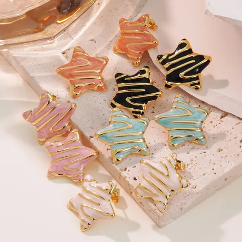 Vintage Stainless Steel Star Geometric Enamel Earrings For Women Irregular Drip Oil Wave Pattern Fashion Jewelry Accessory
