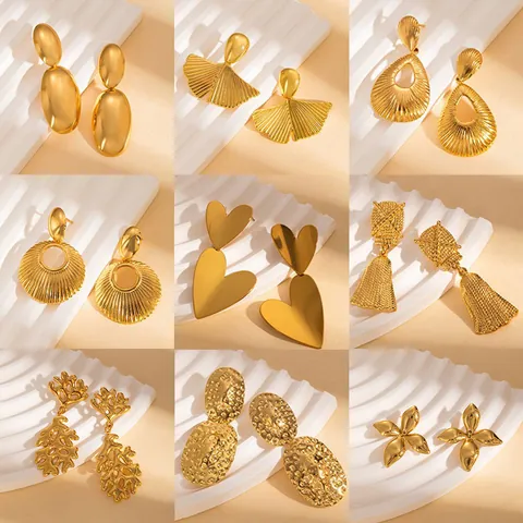 French Vintage Heart Leaf Stainless Steel Earrings For Women 18K Gold Plated Geometric Oval Round Stud Earrings High End Jewelry Gift