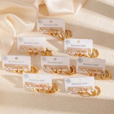 Stainless Steel Gold Plated Hoop Stud Earring Set For Women Zirconia Star Bamboo Geometric Earrings Set Jewelry Gift