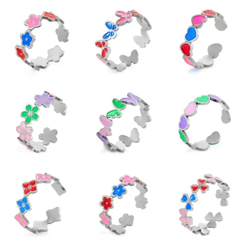 Stainless Steel Open Ring For Women Colorful Enamel Flower Butterfly Heart Adjustable Fashion Jewelry Sweet Gift