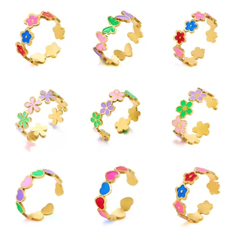 Stainless Steel Open Ring For Women Colorful Enamel Flower Butterfly Heart Adjustable Fashion Jewelry Sweet Gift