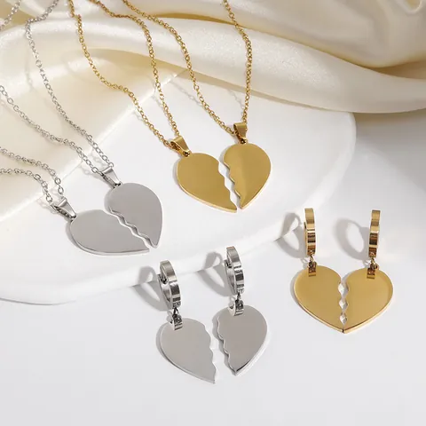 Minimalista Acero Inoxidable Corazón Rompecabezas Collar Pendientes Para Parejas Combinación Costura Juego de Joyas No Se Desvanece Oro Plata