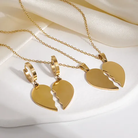 Minimalista Acero Inoxidable Corazón Rompecabezas Collar Pendientes Para Parejas Combinación Costura Juego de Joyas No Se Desvanece Oro Plata