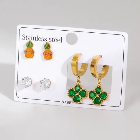 Stainless Steel Flower Clover Rhinestone Earrings Enamel Dangle Hoop Stud Earrings Elegant Lightweight Fashion Jewelry For Women
