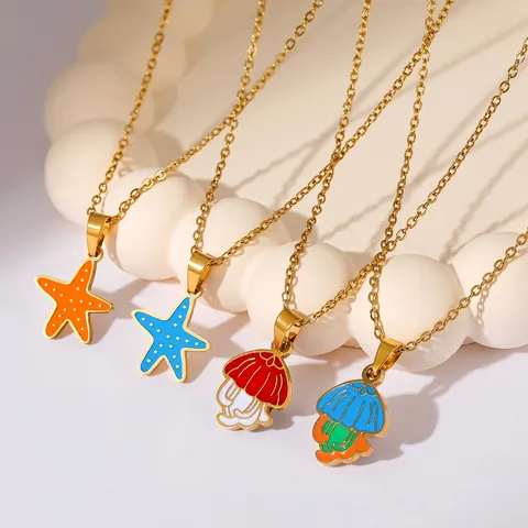 Women Gold Plated Stainless Steel Enamel Necklace With Ocean Starfish Fish Mushroom Fruit Watermelon Cherry Banana Pendant Jewelry