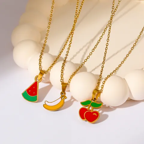 Women Gold Plated Stainless Steel Enamel Necklace With Ocean Starfish Fish Mushroom Fruit Watermelon Cherry Banana Pendant Jewelry