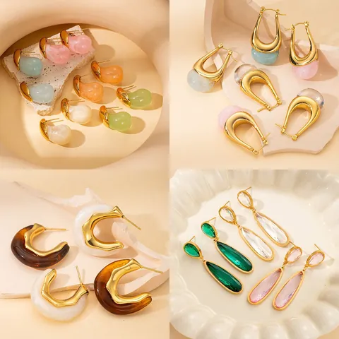 Vintage Stainless Steel Resin Drop Earrings Retro Maillard Style Heart Square Geometric Stud Earrings For Women Daily Party Jewelry
