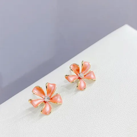Orecchini a Bottone a Fiore in Smalto Stile Coreano Con Perno in Argento Sterling 925 Zirconia Intarsiato Gioielli da Donna