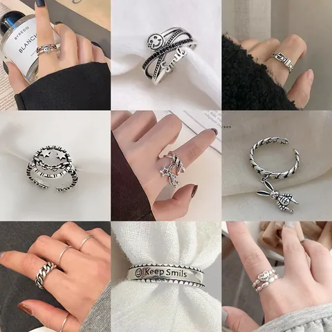 Anelli Aperti in Rame Colore Argento Vintage per Donna Punk Faccia Sorridente Stella Anello da Dito Regolabile Gioielli